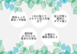 ゴキブリ侵入対策と薬剤のダブル施工、一戸建て、アパート、マンションのゴキブリ駆除、最長1年保証、ゴキブリ駆除歴10年以上の業者のみ参加